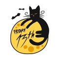 Friday 13th Black cat and full moon cartoon illustration