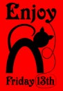 Friday 13th, red banner with black cat silhouette cartoon. Royalty Free Stock Photo