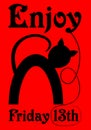 Friday 13th, red banner with black cat silhouette cartoon.