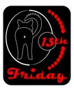 Friday 13th, satiric badge with black cat turned back, line drawing on black background with red inscription Royalty Free Stock Photo