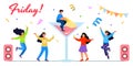 Friday weekend party flat tiny last work week day persons vector illustration