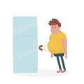 Fridge attracts fat man. Fat Man Standing Near the Fridge. Vector Illustration