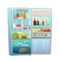 Fridge. Frost and ice icicles. Very cold. Lots of food and prepared foods. Illustration is isolated on white background