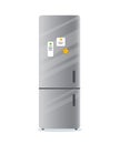 Fridge home kitchen appliances Household freezer with notes Vector illustration chrome metal refrigerator