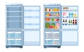 Fridge. Open empty refrigerator and with products, healthy food water and milk, fruit and vegetable, alcohol and meat