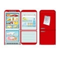 Fridge opened and closed. Red refrigerator with food in retro style. Vector Royalty Free Stock Photo