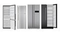 Fridge realistic. Open and closed home refrigerator empty freezer for healthy food vector set