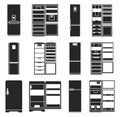 Fridge vector black illustration.Kitchen refrigerator vector icon.Isolated black set of modern fridge and freezer Royalty Free Stock Photo