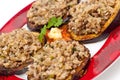 Fried aggplant toppet with a mix of mince and rice Royalty Free Stock Photo