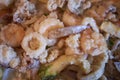 Fried assorted seafood close up