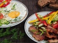 Fried meat with vegetables and eggs Royalty Free Stock Photo