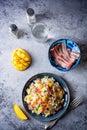 Fried bacon mango Red bell pepper rice in a plate Royalty Free Stock Photo