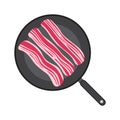 Fried bacon on pan cartoon vector illustration. Flat crispy bacon cooked on white background