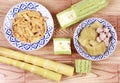 Fried bamboo shoots with egg ,Chinese bitter gourd with meat ball . Royalty Free Stock Photo