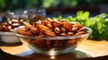 Fried bamboo worms in glass bowl on wooden table, closeup