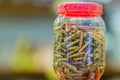 Fried bamboo worms packing in the market for sale. Bamboo caterpillar (Omphisa Fuscidentalis), fried bamboo worms that ready to ea Royalty Free Stock Photo