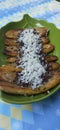 fried banana with chocolated and cheese topping