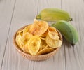 Fried banana slices isolated on white background Royalty Free Stock Photo