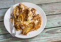 Fried bananas and pancakes with honey and almonds. Tasty breakfast, snack or dessert. Royalty Free Stock Photo