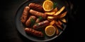 barbecue sausages with french fries professional photo of cooked food studio light instagram sharp detailed image