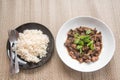 Fried basil leave with chicken innards and rice Royalty Free Stock Photo