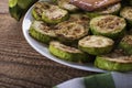 Fried in batter vegetables, zucchini tempura with dip, spring fresh dish, summer appetizer