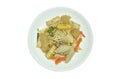 Fried bean sprout with slice yellow tofu and chop pork couple fish ball on plate