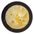 Fried beaten egg in a frying pan.Scrambled eggs background.Fried egg with a broken yolk