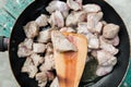 Fried beef in a pan. roast beef cooking process. top view. simple rural dishes. close-up view Royalty Free Stock Photo