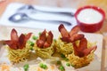 Fried Beef sausages with rolled noodles Royalty Free Stock Photo