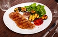 Fried beef steak with grilled vegetables and fresh corn salad Royalty Free Stock Photo