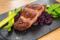 Fried beef tongue with beetroot and pea pods, asparagus