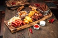 Fried beer snacks on the wooden board with sauces