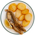 Fried blue whiting fish with potato