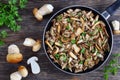 Fried Boletus mushrooms in frying pan