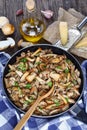 Fried Boletus mushrooms in frying pan