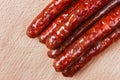 Fried bratwurst. Grilled sausages. BBQ sausages on a plate Royalty Free Stock Photo