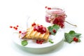 fried bread croutons for breakfast with redcurrant jam in a plate with berries Royalty Free Stock Photo