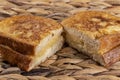 Fried bread with milk, egg, sugar, cinnamon and filled with cream Torrijas. Typical Spanish Easter sweet. Horizontal photography