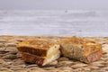 Fried bread with milk, egg, sugar, cinnamon and filled with cream Torrijas. Typical Spanish Easter sweet. Horizontal photography