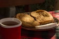 Fried bread slices. Royalty Free Stock Photo