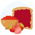 Fried bread, toast with strawberry jam for breakfast. Jelly paste
