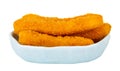 Fried breaded chicken sticks in blue bowl isolated on white. Side view Royalty Free Stock Photo