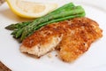 Fried breaded fish with asparagus and lemon