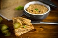 Fried buckwheat croutons with cooked homemade pate Royalty Free Stock Photo