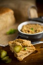 Fried buckwheat croutons with cooked homemade pate Royalty Free Stock Photo