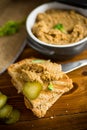 Fried buckwheat croutons with cooked homemade pate Royalty Free Stock Photo