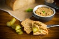 Fried buckwheat croutons with cooked homemade pate Royalty Free Stock Photo