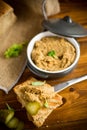 Fried buckwheat croutons with cooked homemade pate Royalty Free Stock Photo