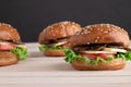 Three mushroom burgers on chalk background